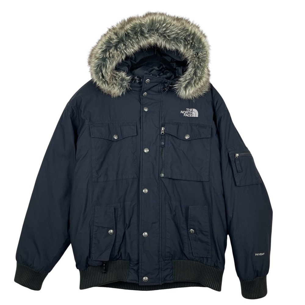 The North Face Men's Gotham Down Jacket Large Black HyVent Faux Fur Hood Bomber